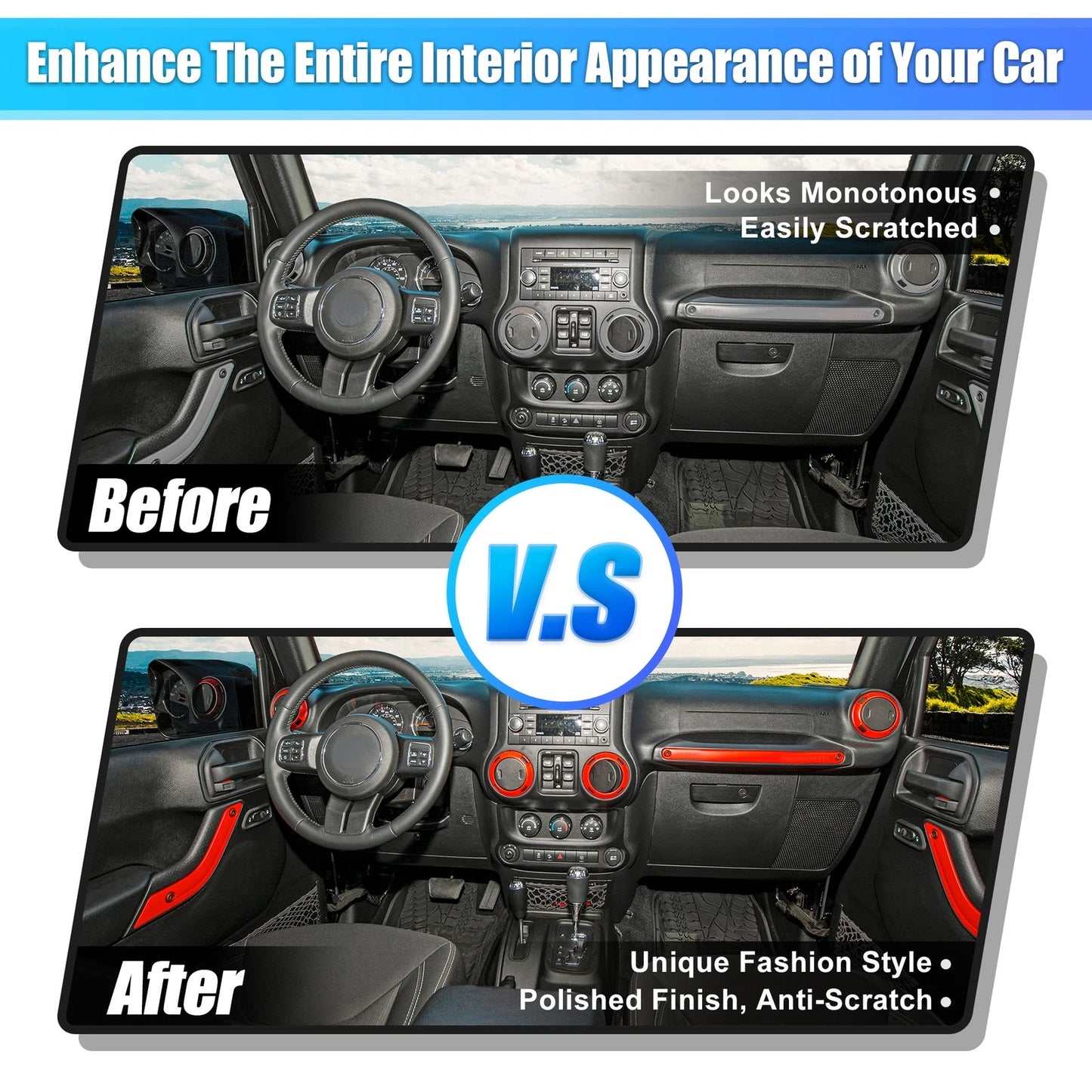 21pcs Interior Trim Kit for Jeep Wrangler JK (2011-2018) Red