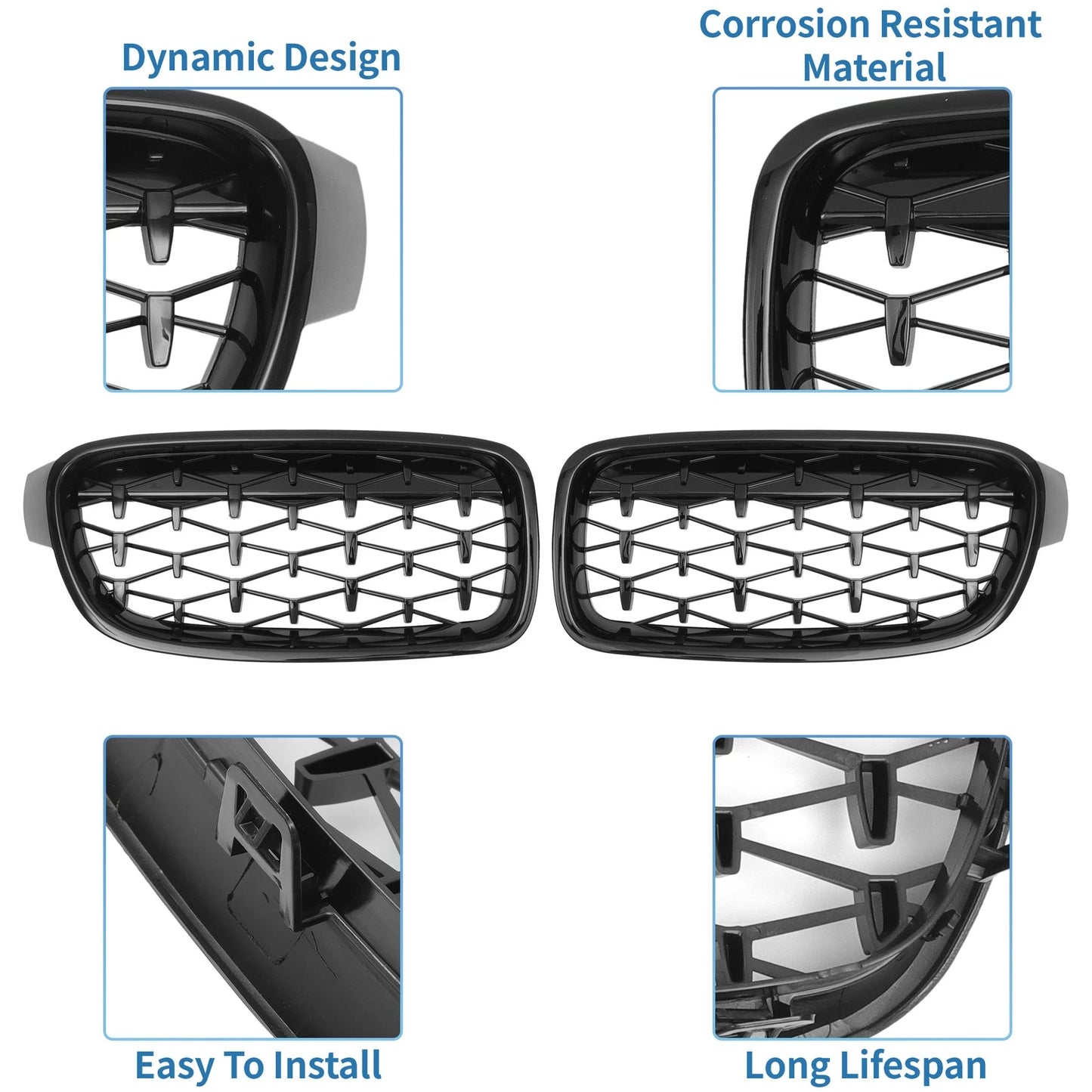 Front Hood Bumper Grille for BMW 3 Series F30 2013-2018 Black 2 x Grilles