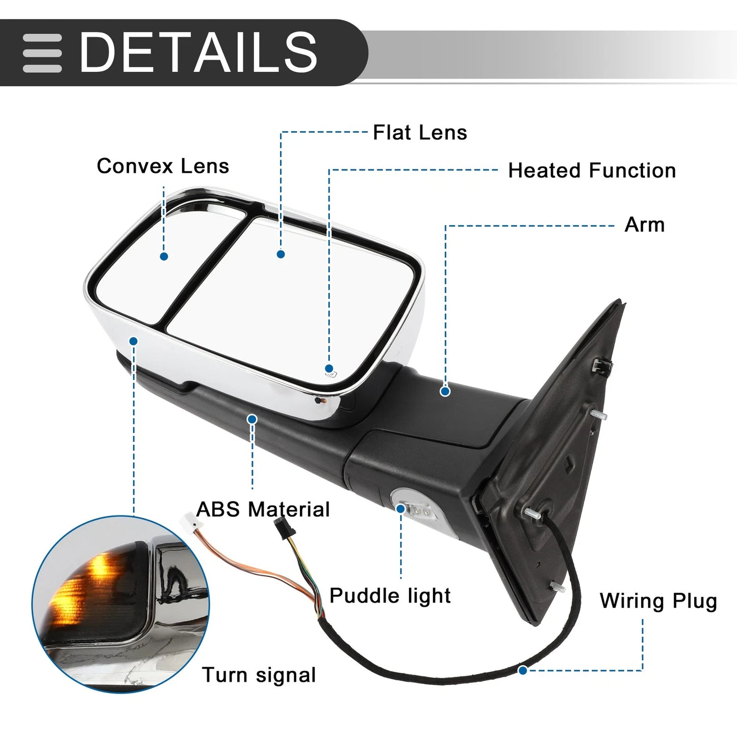 Tow Mirrors for Dodge Ram 1500 LED Turn Signal Light Silver Tone 1 Pair