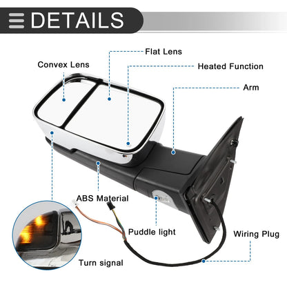 Tow Mirrors for Dodge Ram 1500 LED Turn Signal Light Silver Tone 1 Pair