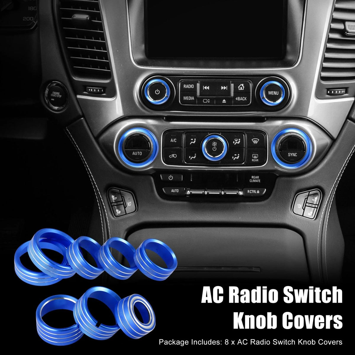 8 x Blue AC Radio Knob Covers for Chevy Silverado / GMC Sierra (2014-2018)