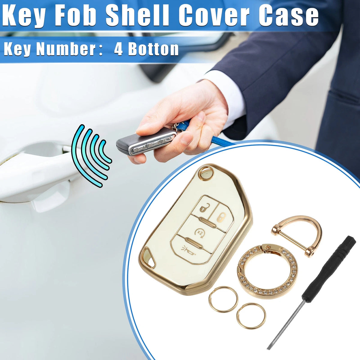 4 x Button Key Fob Shell Cover with Keychain for Jeep Wrangler (2018-2022)
