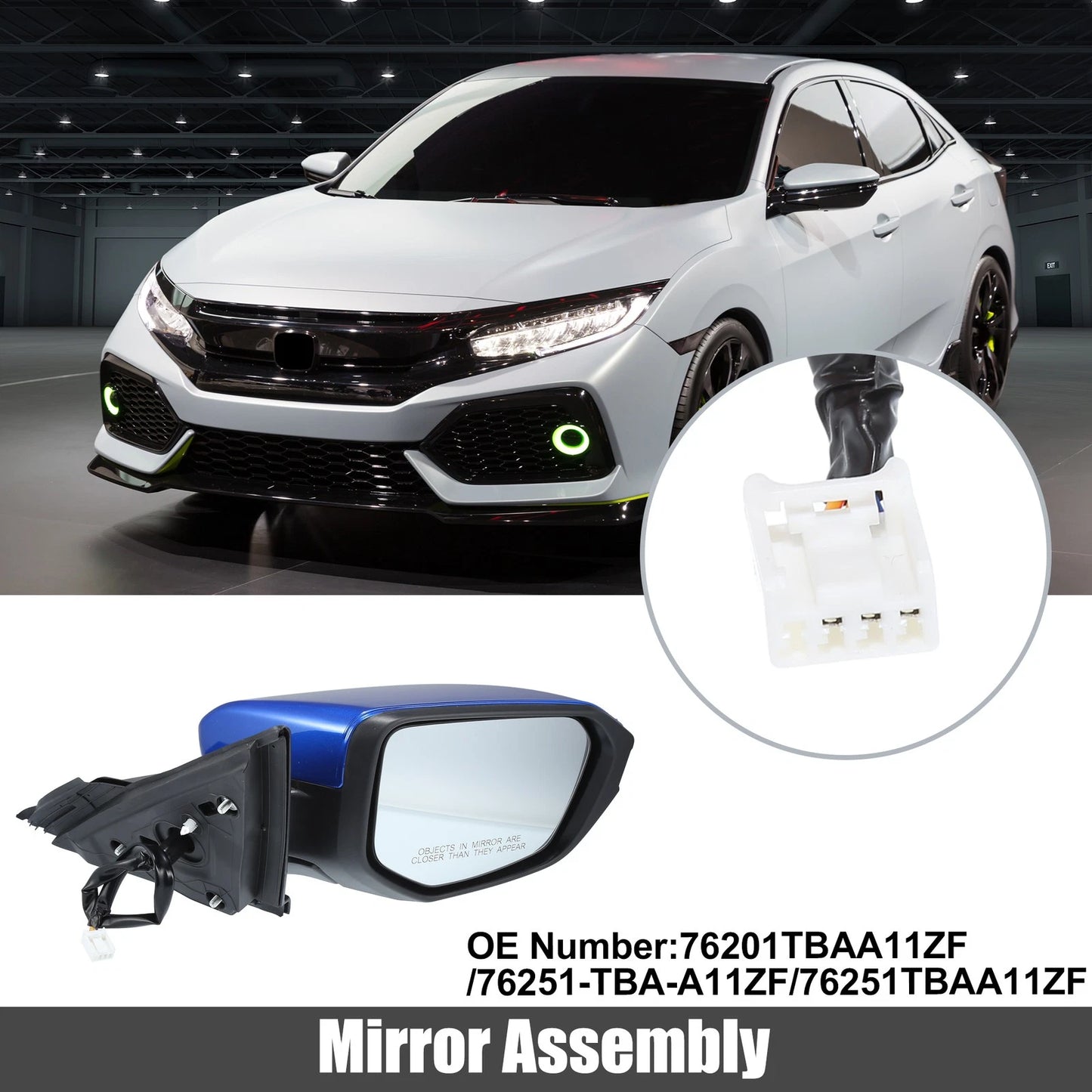 3 Pin Right Side Door Mirror Assembly Blue for Honda Civic (2016-2021)