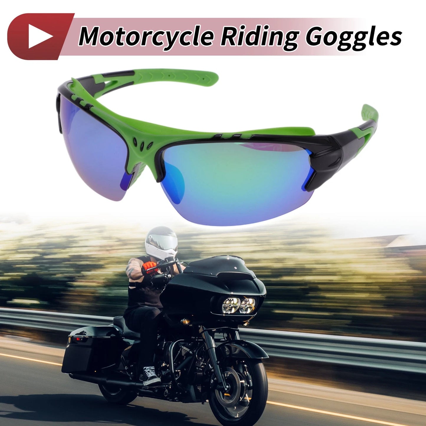 Goggles for Motorcycle Riding Green Lens Black Green Frame PC UV400