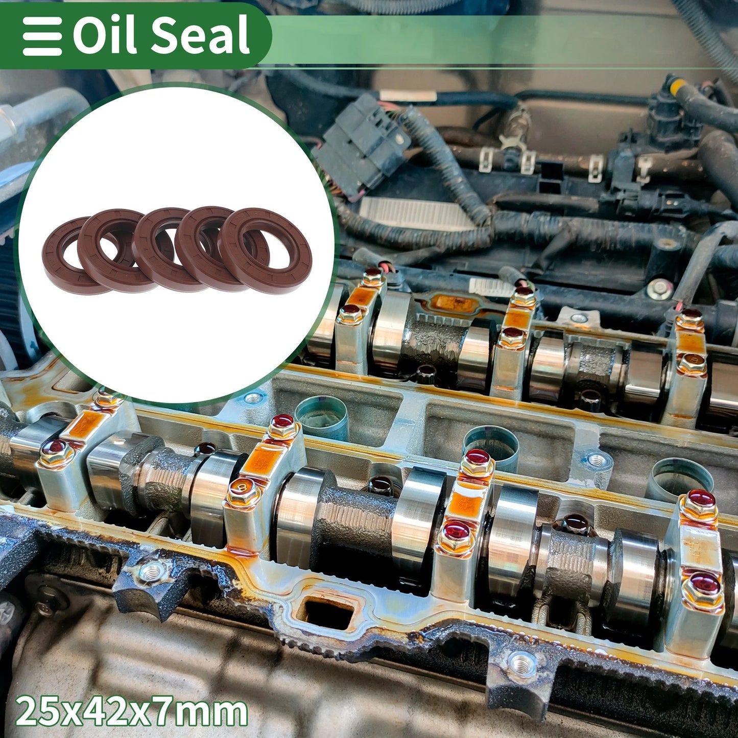 Oil Seal 5 Pcs Seal Ring Rotary Shaft Seal FKM Rubber 25x42x7mm Brown