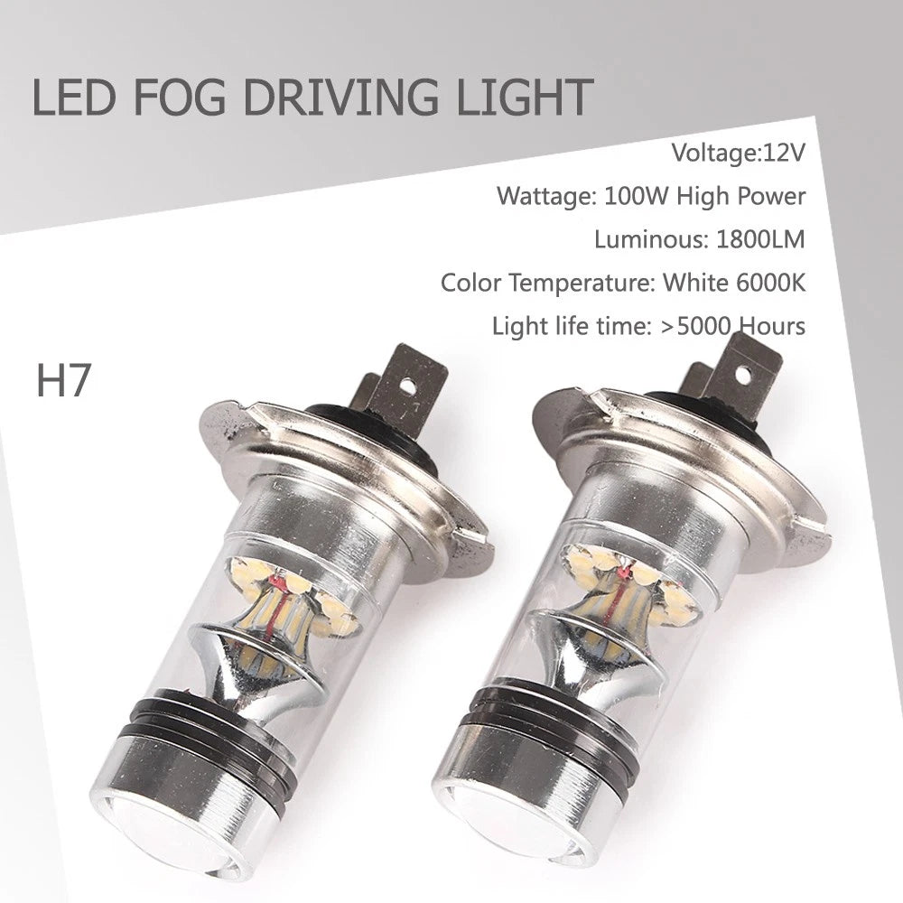 6000K H7 100W LED 20-SMD Projector Fog Driving DRL Light Bulbs for Car