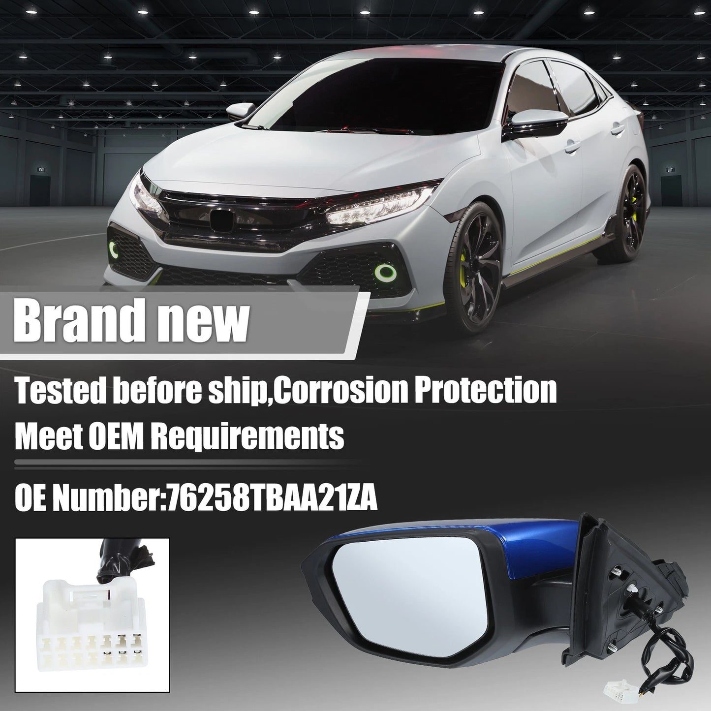 5 Pin Left Side Exterior Door Mirror Assembly Blue for Honda Civic (2016-2020)