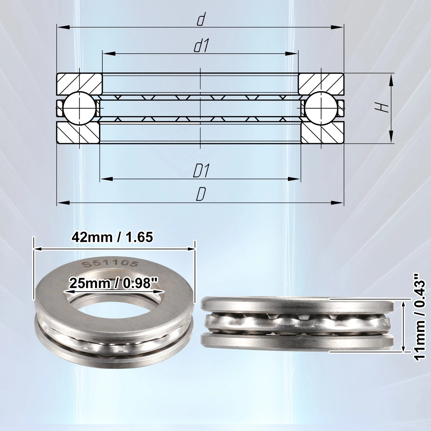 2 x Thrust Ball Bearing 25x42x11mm Single Row Roller with Washers