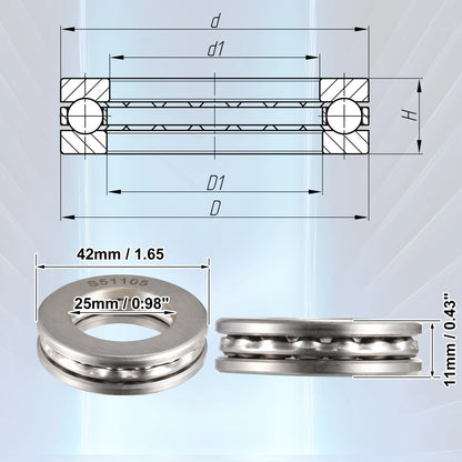 2 x Thrust Ball Bearing 25x42x11mm Single Row Roller with Washers