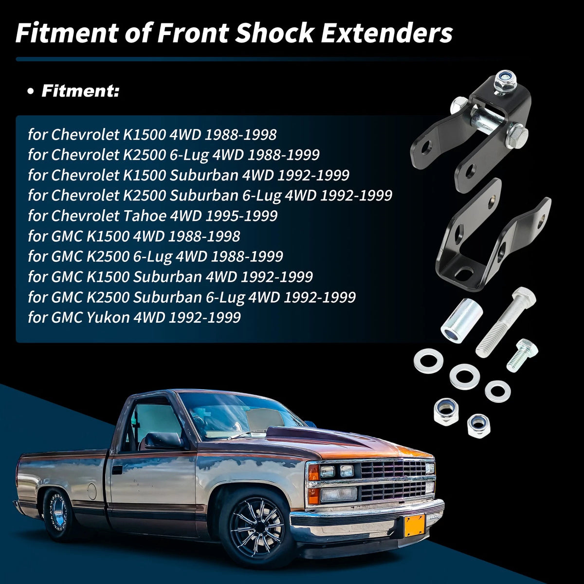 2-4 in Front Shock Extenders for Chevrolet K1500 & GMC K2500 (1988-1998)