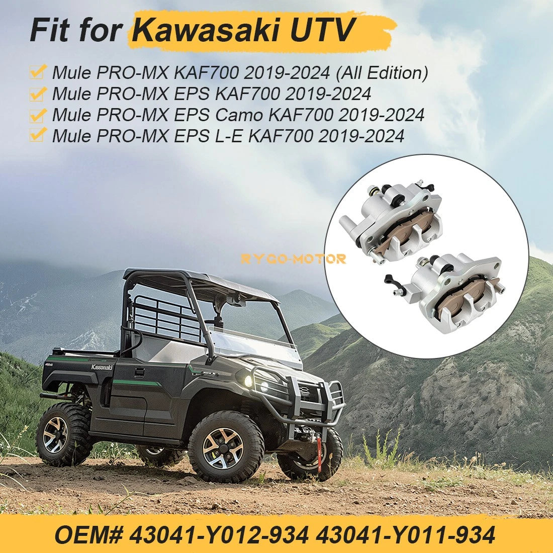2 x Front Left/Right Caliper & Pads for Kawasaki Mule PRO-MX KAF700(2019–2024)