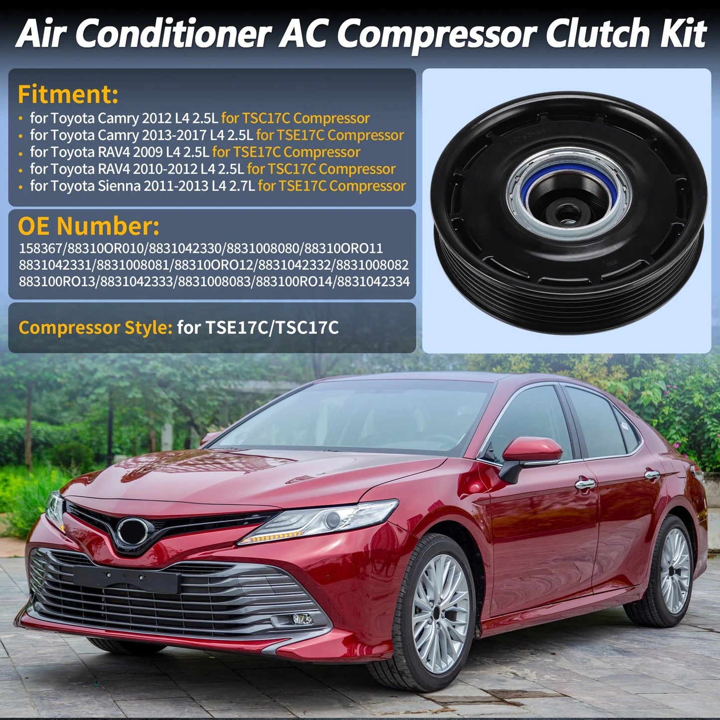 AC Compressor Clutch Kit 6 Groove for Toyota Camry RAV4 Sienna (2002-2023)