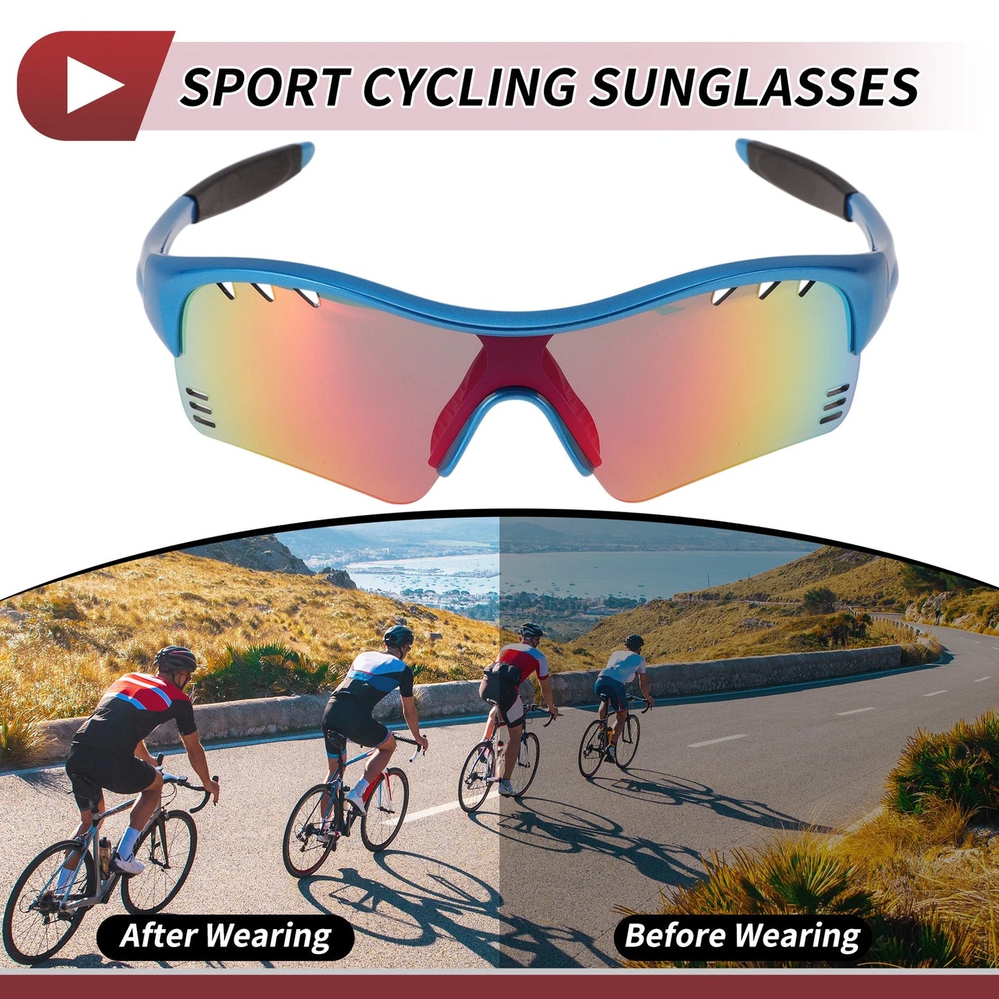 1 Set Motorcycle Riding Goggles Red Lens Blue Frame PC TPU Cycling Sunglasses