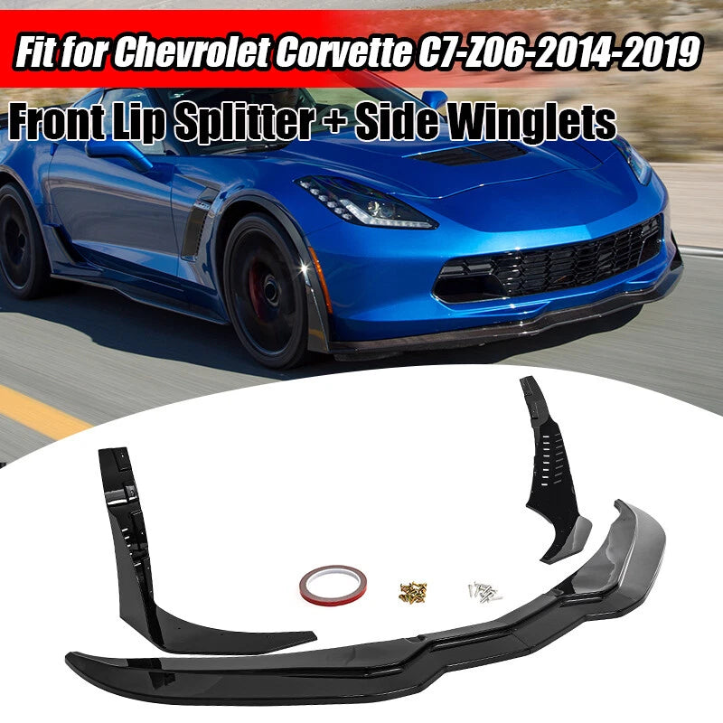 Gloss Black Front Lip Splitter & Side Winglets for 2014-2019 Corvette C7 Z06