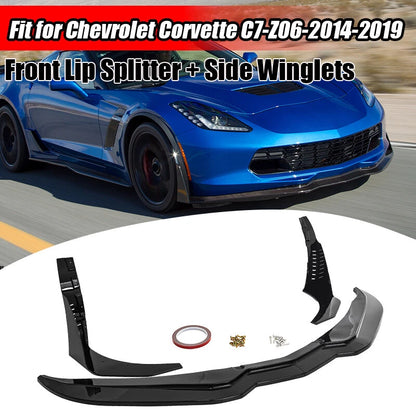 Gloss Black Front Lip Splitter & Side Winglets for 2014-2019 Corvette C7 Z06