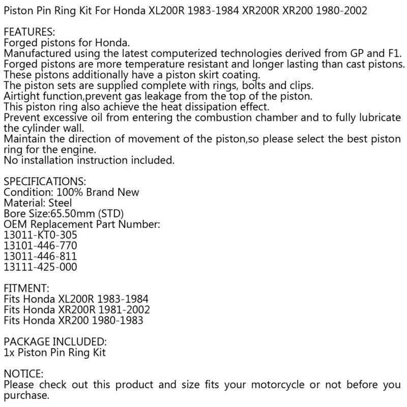Piston Ring Pin Kit 65.50mm for Honda XL200 XR200R XR200 (1980-2002)
