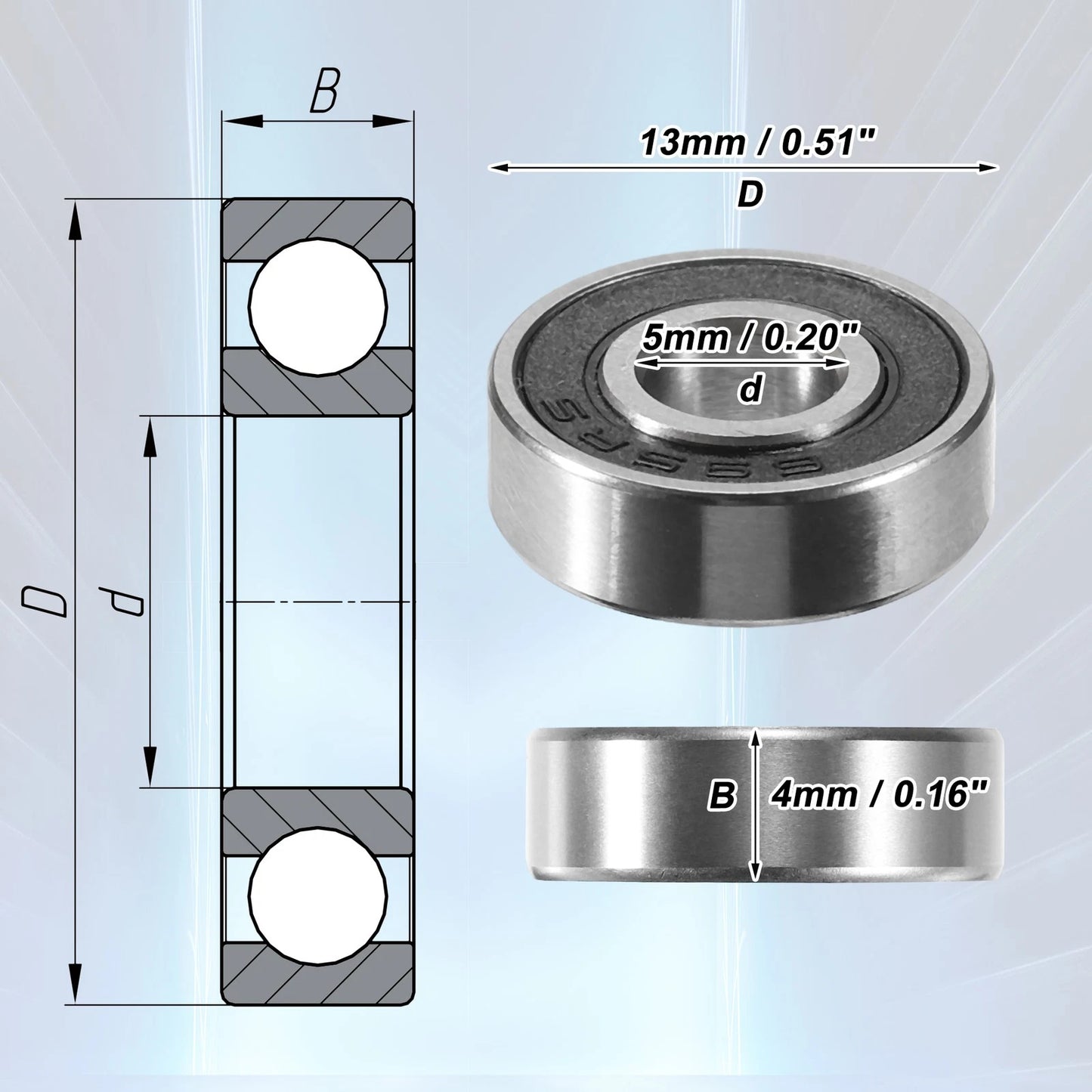 2 x 5x13x4mm Double Rubber Shield Deep Groove Ball Bearings for Vehicles