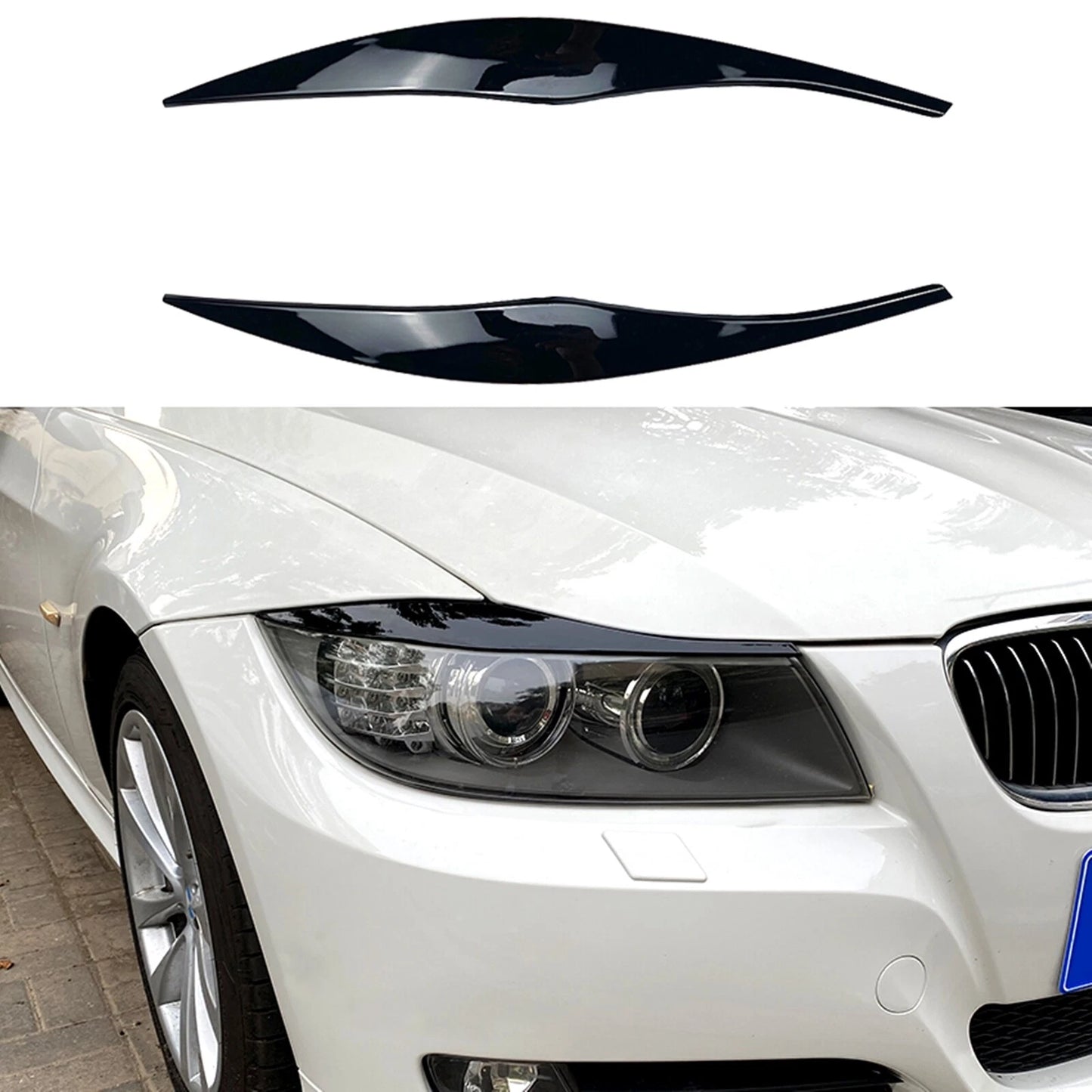 2 x Headlight Eyelid Covers for BMW 3 Series E90 E91 (2006-2012) Gloss Black