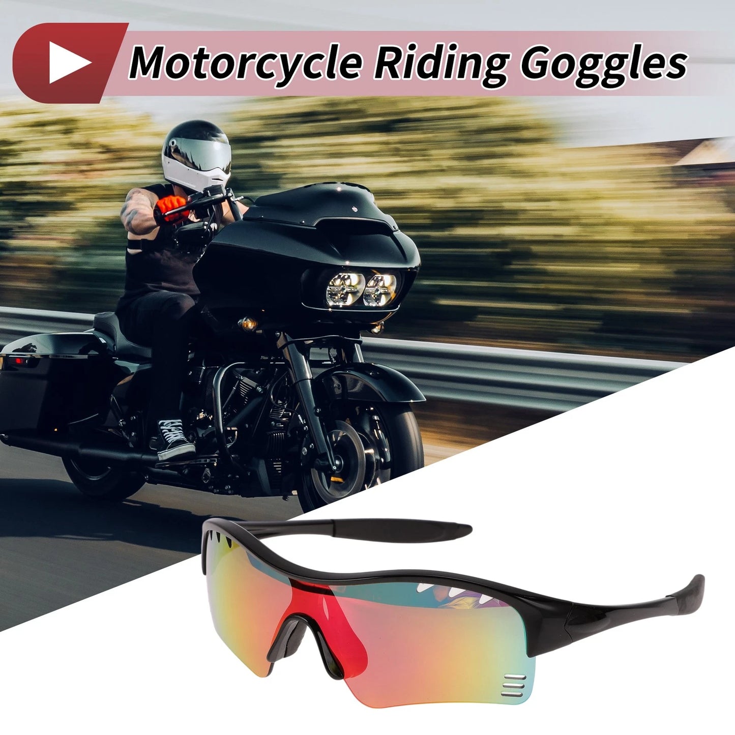 Set Motorcycle Riding Goggles Red Lens Black Frame PC TPU Cycling Sunglasses