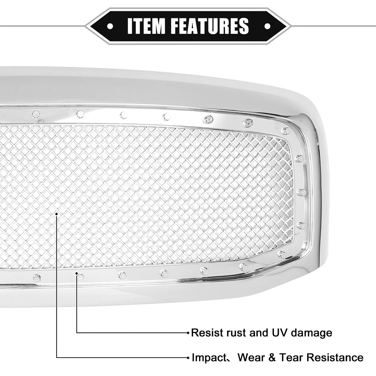 Front Grille Assembly with Rivet for Ram 3500 Dodge Chrome Silver Tone