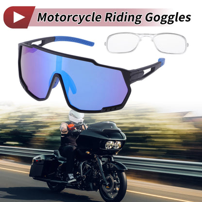 Motorcycle Riding Goggles Blue Lens Black Frame PC Outdoor Sports Sunglasses
