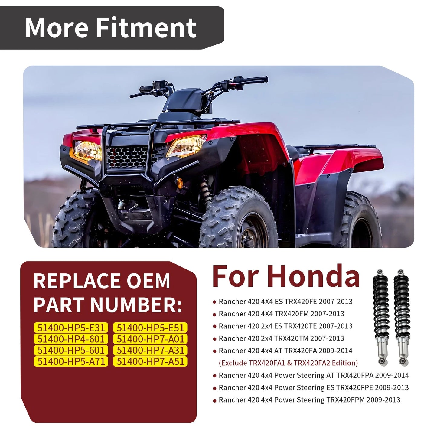 2x Front Air Shocks for Honda Rancher 420 4x4 AT TRX420 FA FPA (2009–2014)