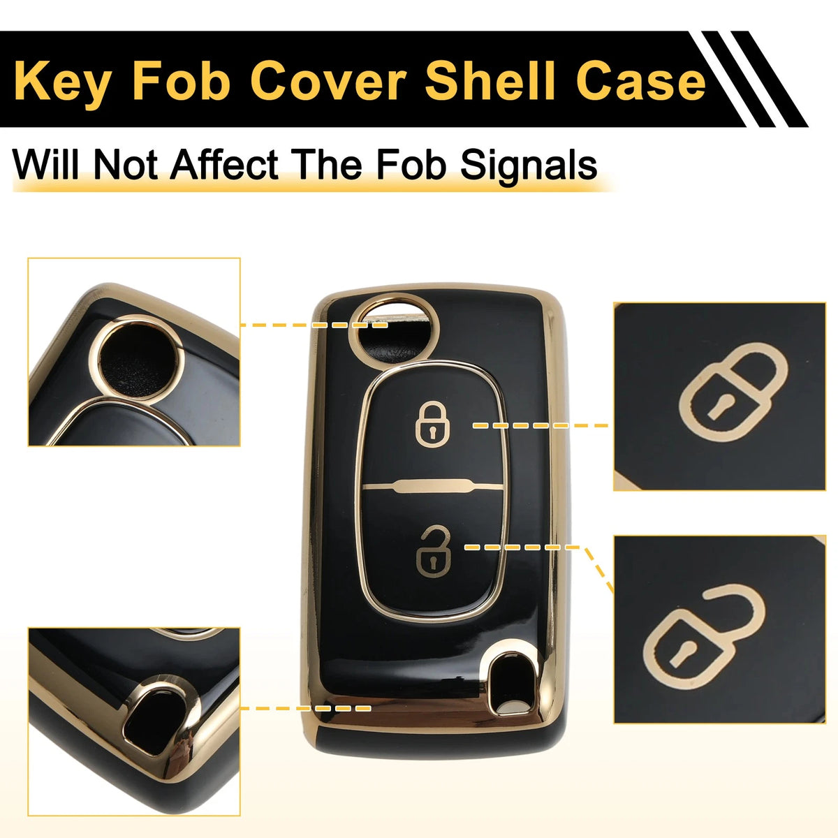 Black Gold Tone TPU Silicone Key Case for Peugeot 107 (2005-2014)