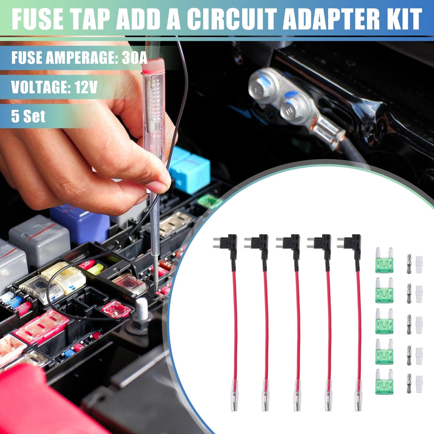 5 x Car Fuse Tap and Circuit Adapters 12V with 30A Mini Blade Fuses