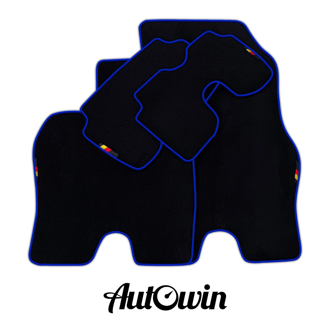 AutoWin Black Floor Mats for BMW i8 (2014-2017) with Dark Blue Trim