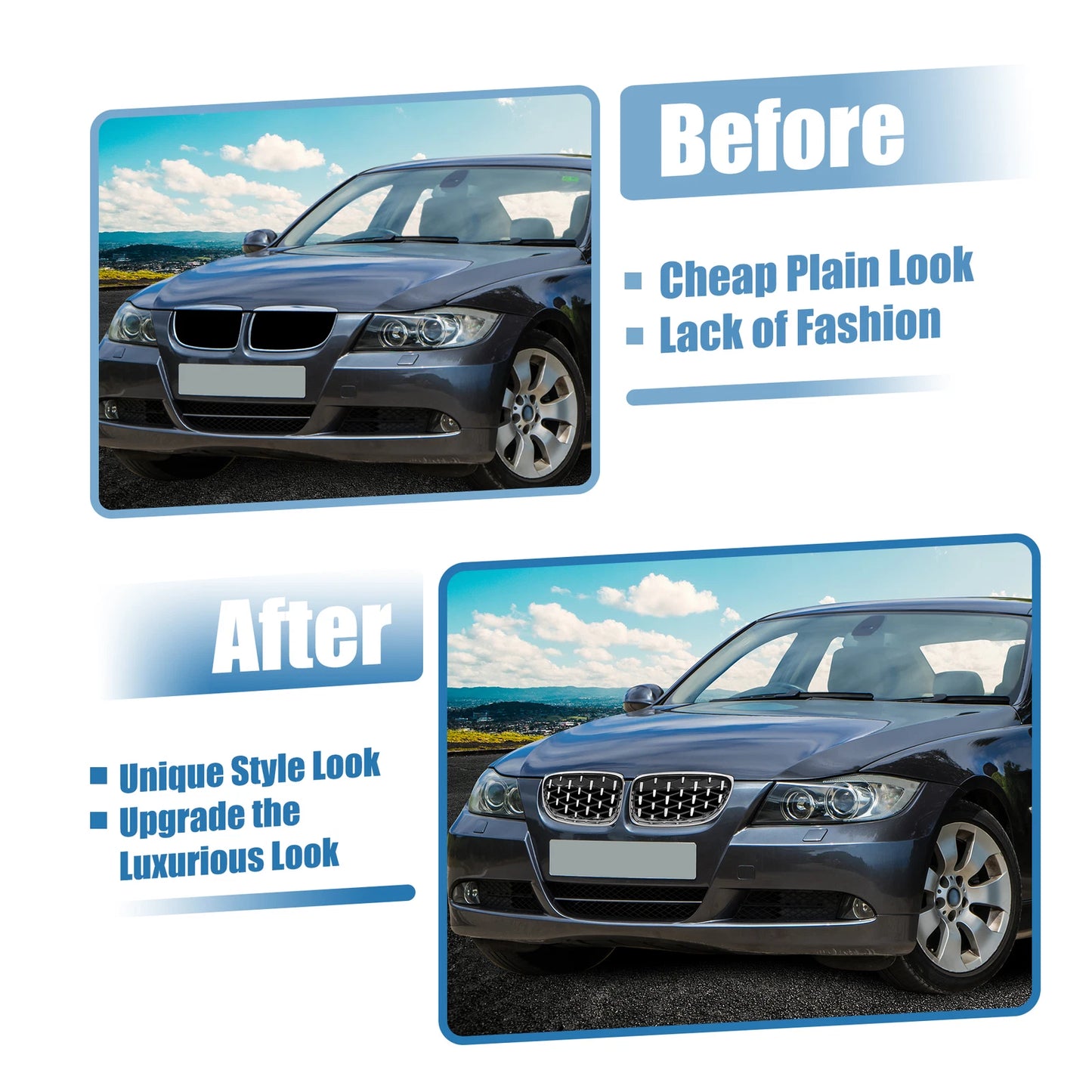 Front Hood Bumper Grille for BMW 335d 328i 335i E90 (2006-2013) - Silver Tone Pair