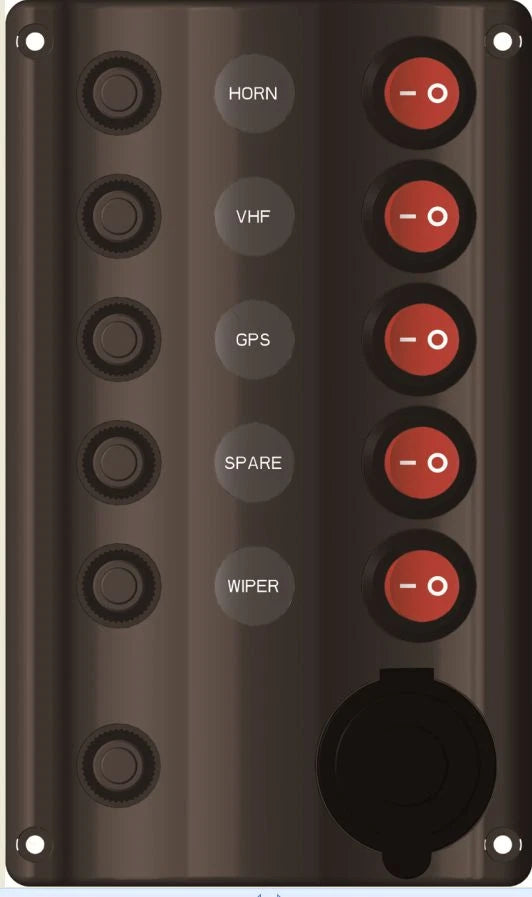 Switch Panel LED 5 Gang with Cig Socket & Circuit Breakers for Marine/Caravan