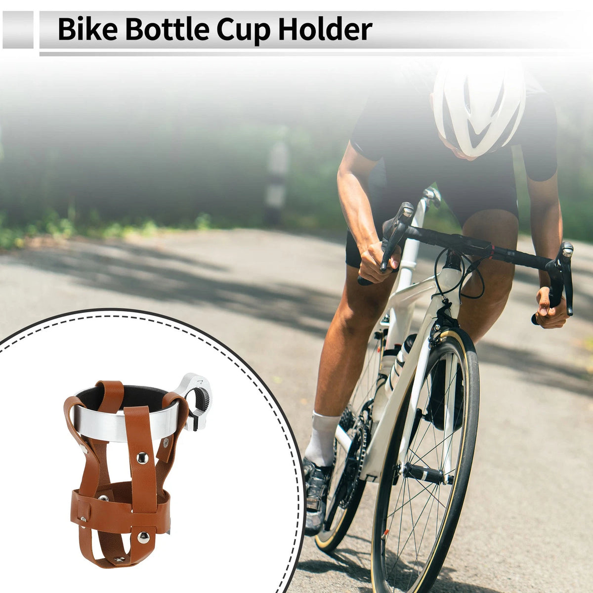Water Bottle Cup Holder for Motorcycle Brown Silver Tone PU Aluminum Alloy