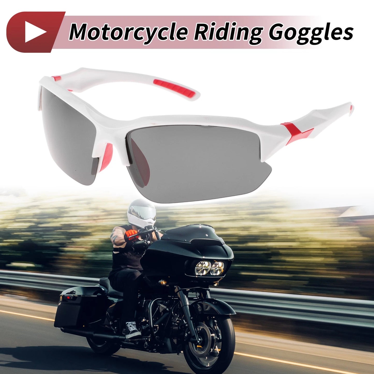 Motorcycle Riding Goggles Deep Gray Lens White Red Frame Triacetyl Cellulose PC