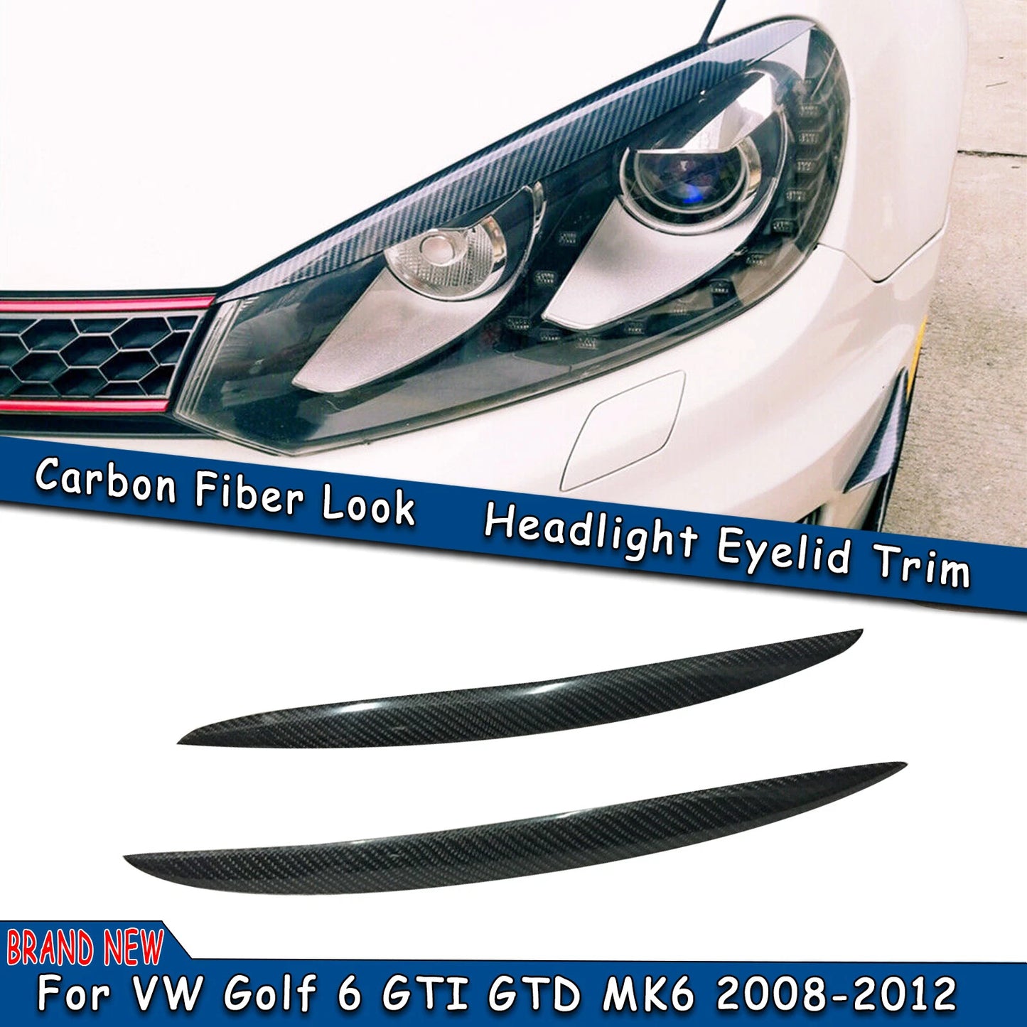 2 x Carbon Fiber Headlight Eyelid Trim for VW Golf 6 GTI MK6 (2008-2013)