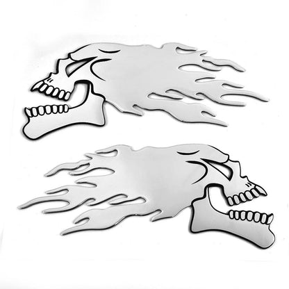 2 x Flaming Skull 3D Gel Sticker Decal L+R for Motorbike-Motorcycle Silver