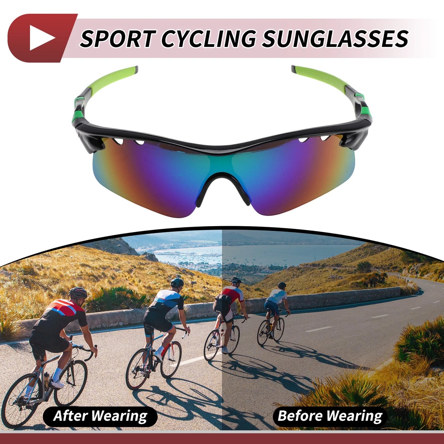 1 x Motorcycle Riding Goggles Green Lens Black Frame PC Cycling Sunglasses