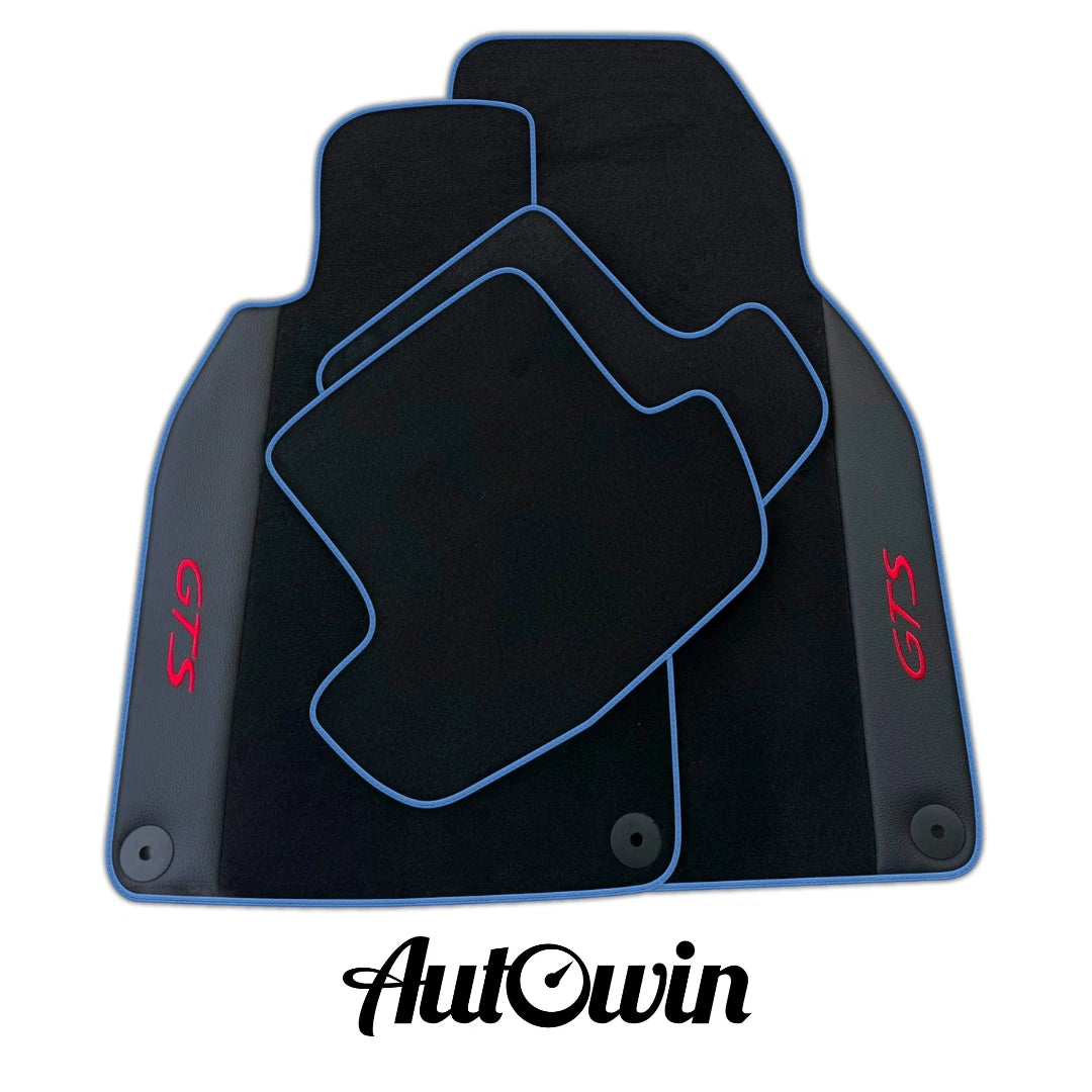 Black Floor Mats for Porsche 911-992 GTS with Leather & Blue Trim