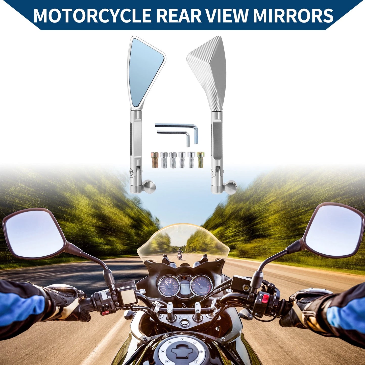 2 x Rear View Mirrors / Triangle Shape / Silver Tone Aluminum Alloy for M8/M10