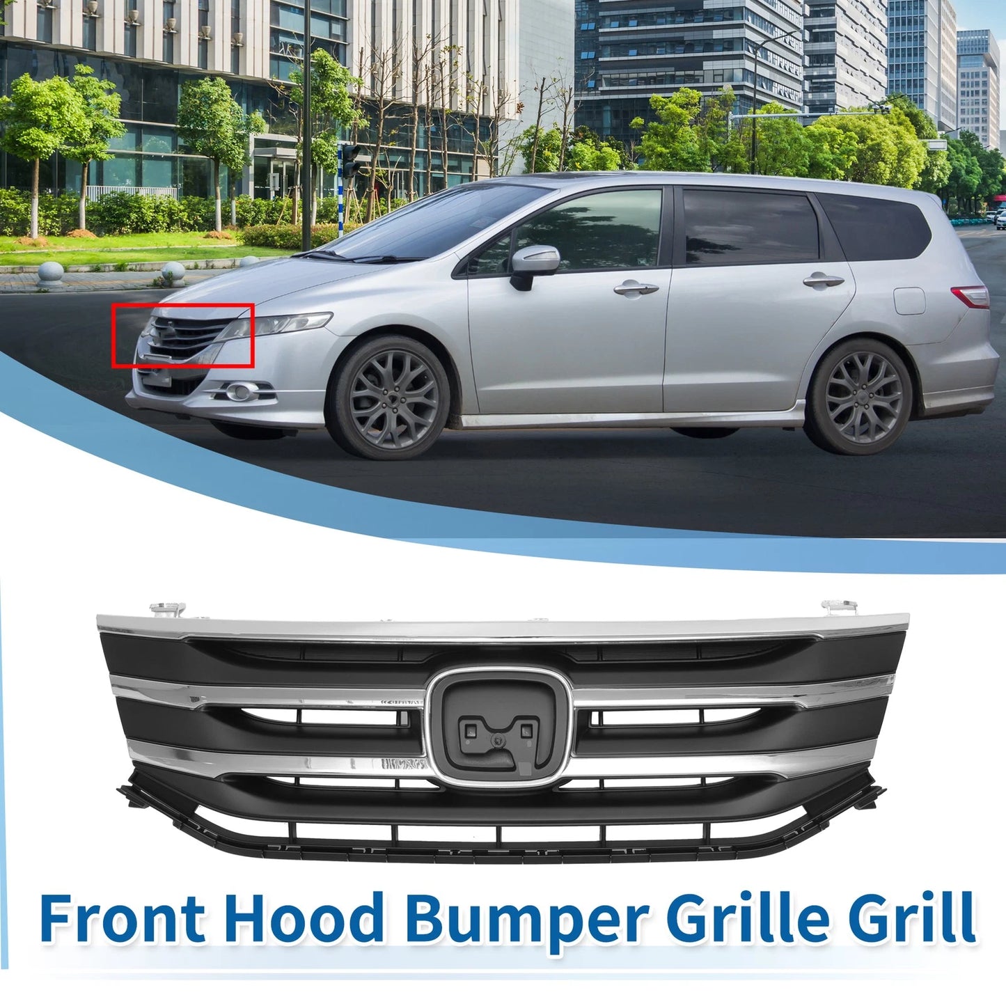 Front Upper Bumper Grille for Honda Odyssey (2011-2012) Chrome Silver Tone