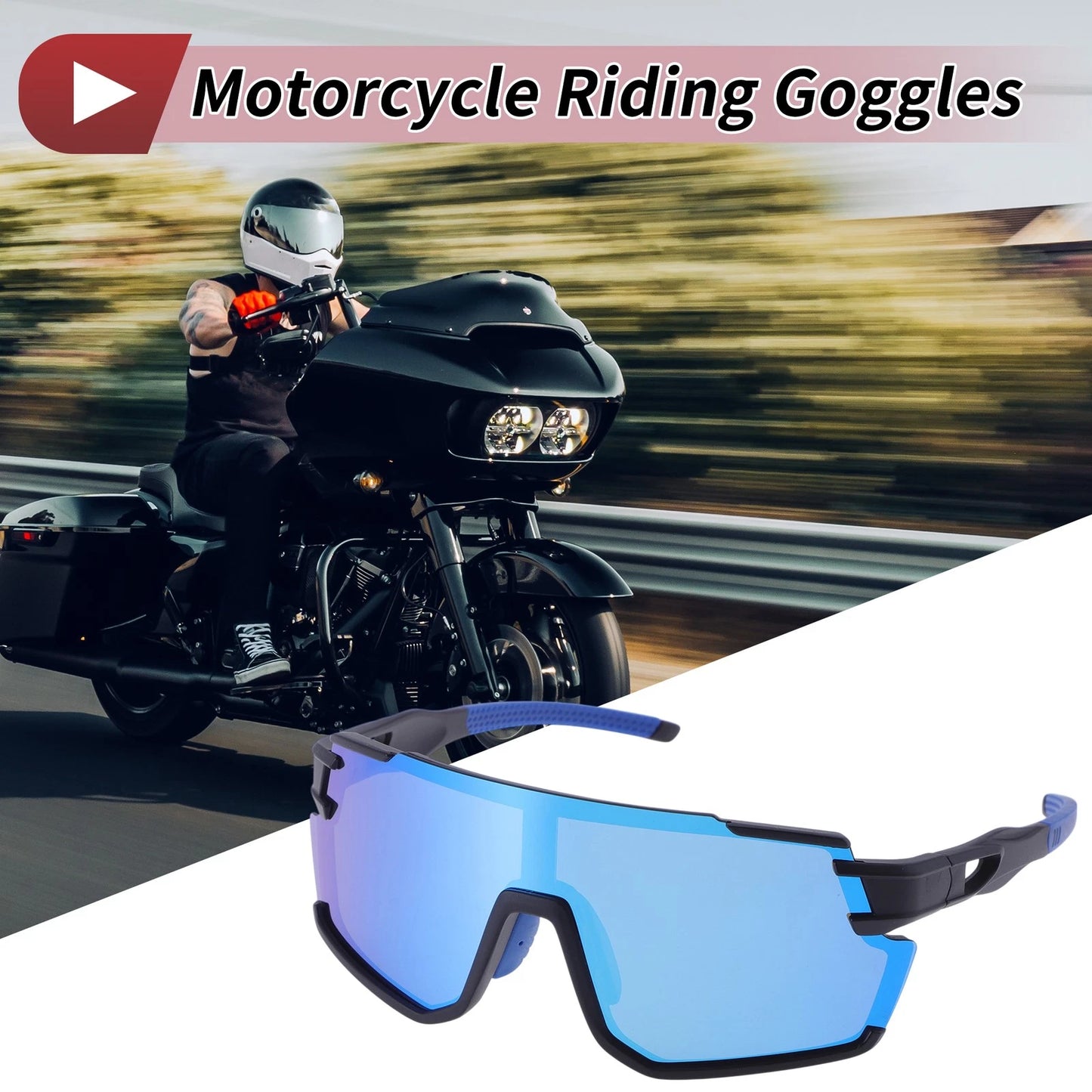Blue Lens Motorcycle Riding Goggles Black Frame Outdoor Sports Sunglasses