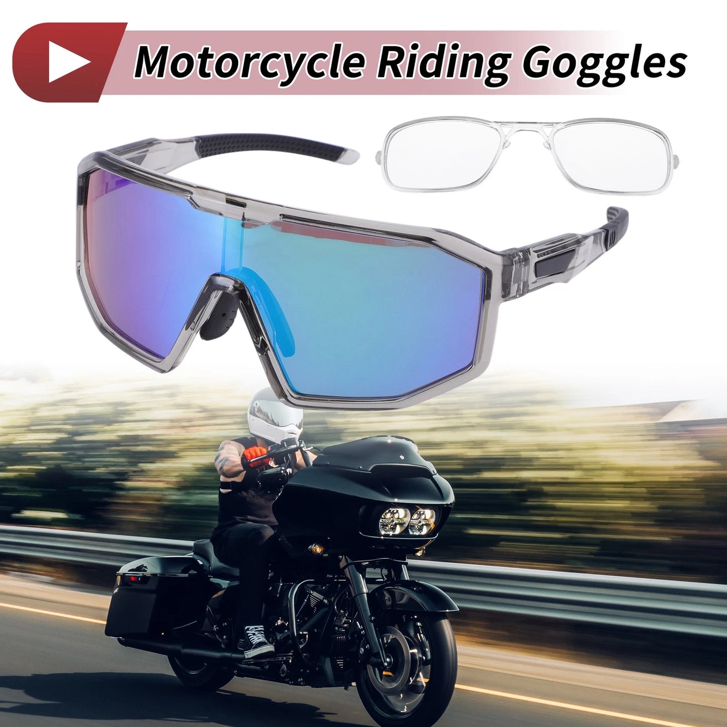 Riding Goggles Green Lens Gray Frame PC Cycling Sunglasses for Motorcycle
