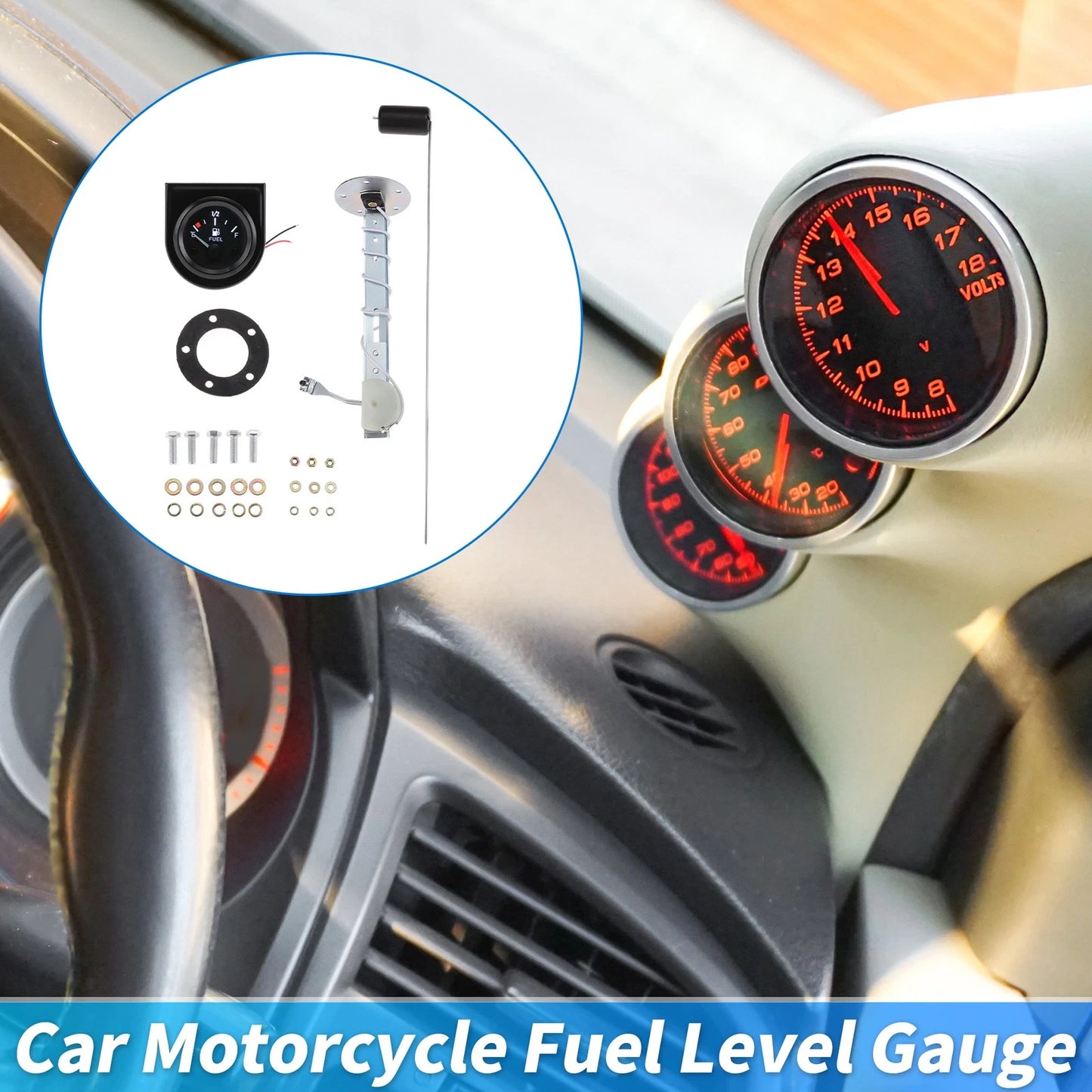 52mm Fuel Level Gauge Black Housing Black Dial for Car Boat RV Motorcycle