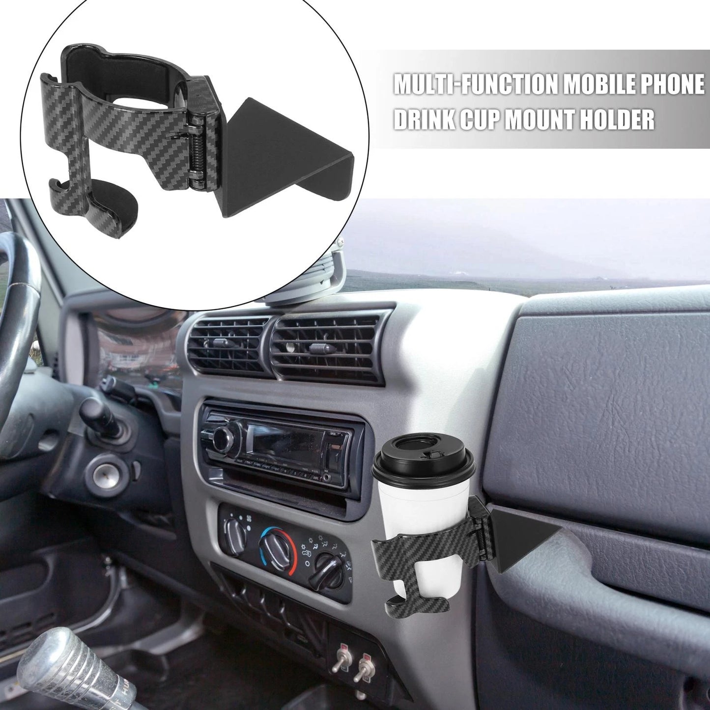 Carbon Fiber Phone Drink Cup Mount Holder for Jeep Wrangler (2018-2023)