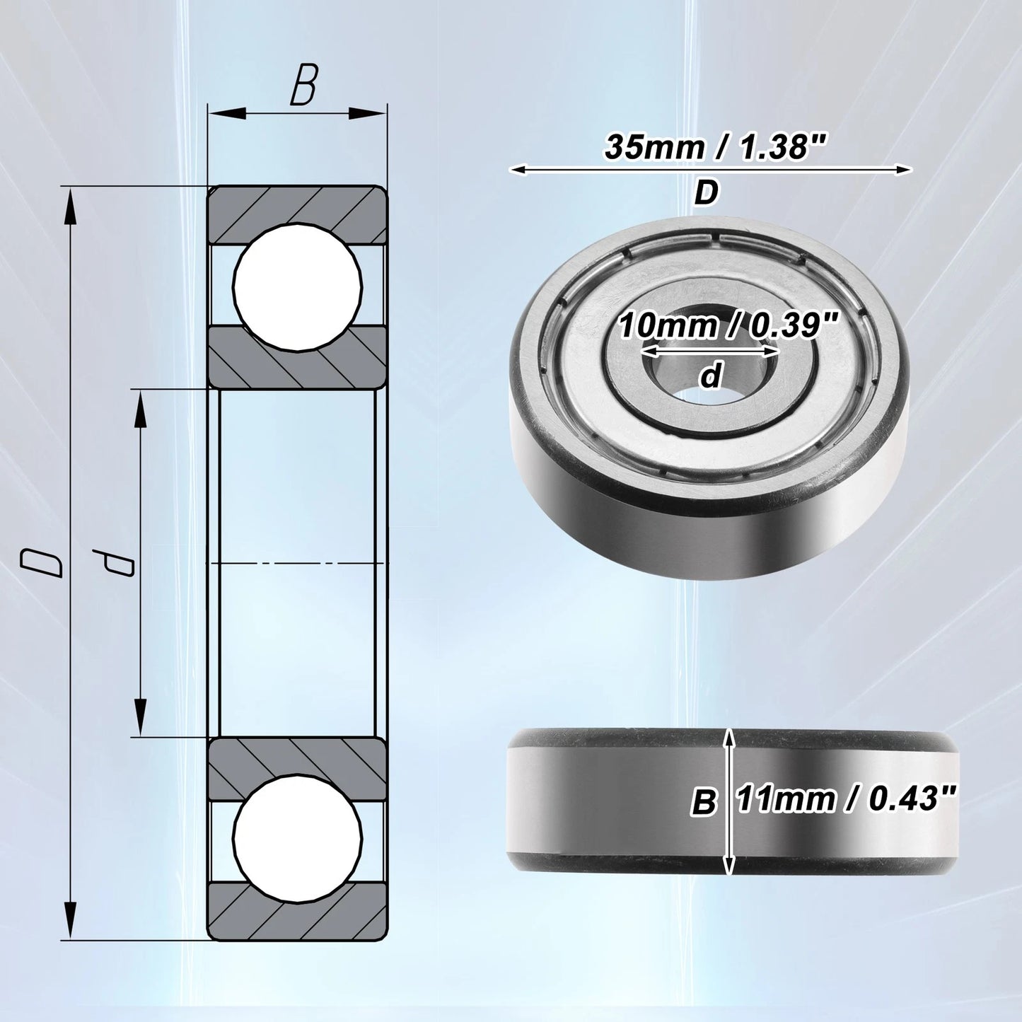 2 x 10x35x11mm 6300ZZ Car Single Row Deep Groove Ball Bearings Silver Tone for Vehicle