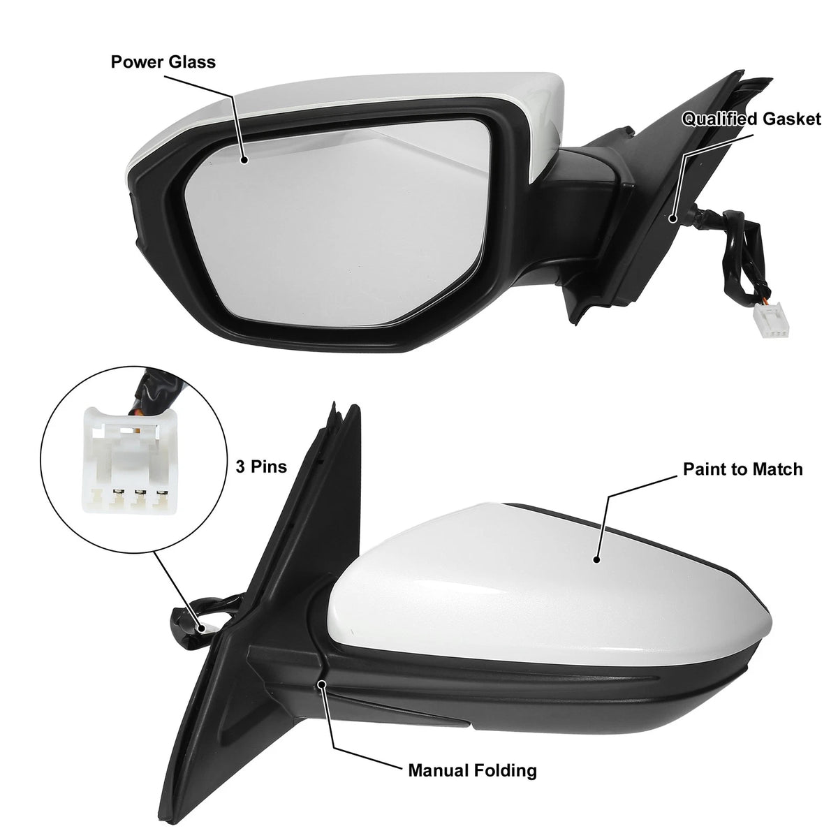 Left Side Exterior Door Mirror Assembly White for Honda Civic (2016-2021)