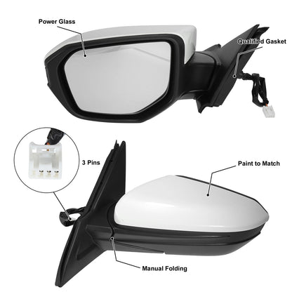 Left Side Exterior Door Mirror Assembly White for Honda Civic (2016-2021)
