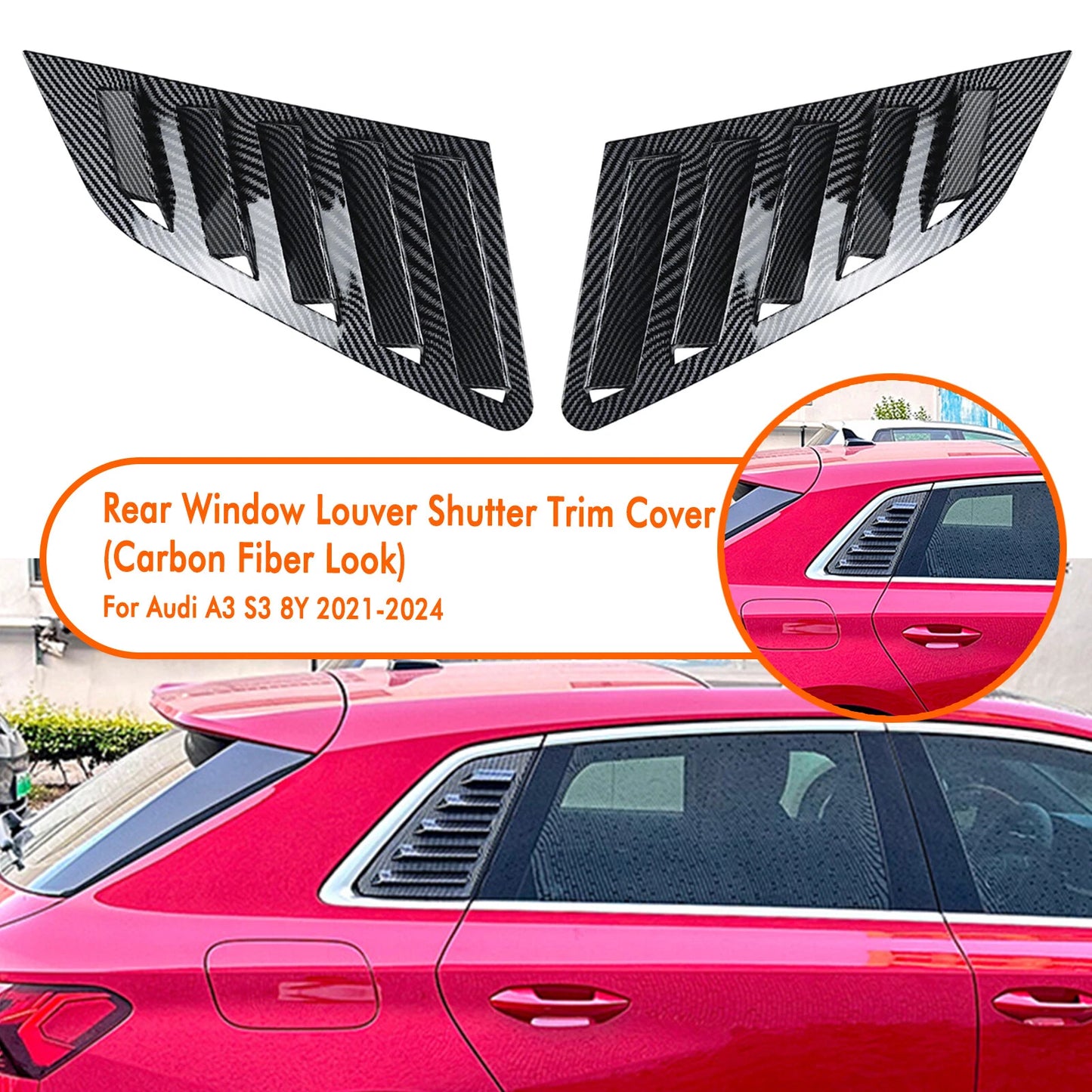 2 x Carbon Look Rear Side Window Louvers for Audi A3 S3 (2021-2024)