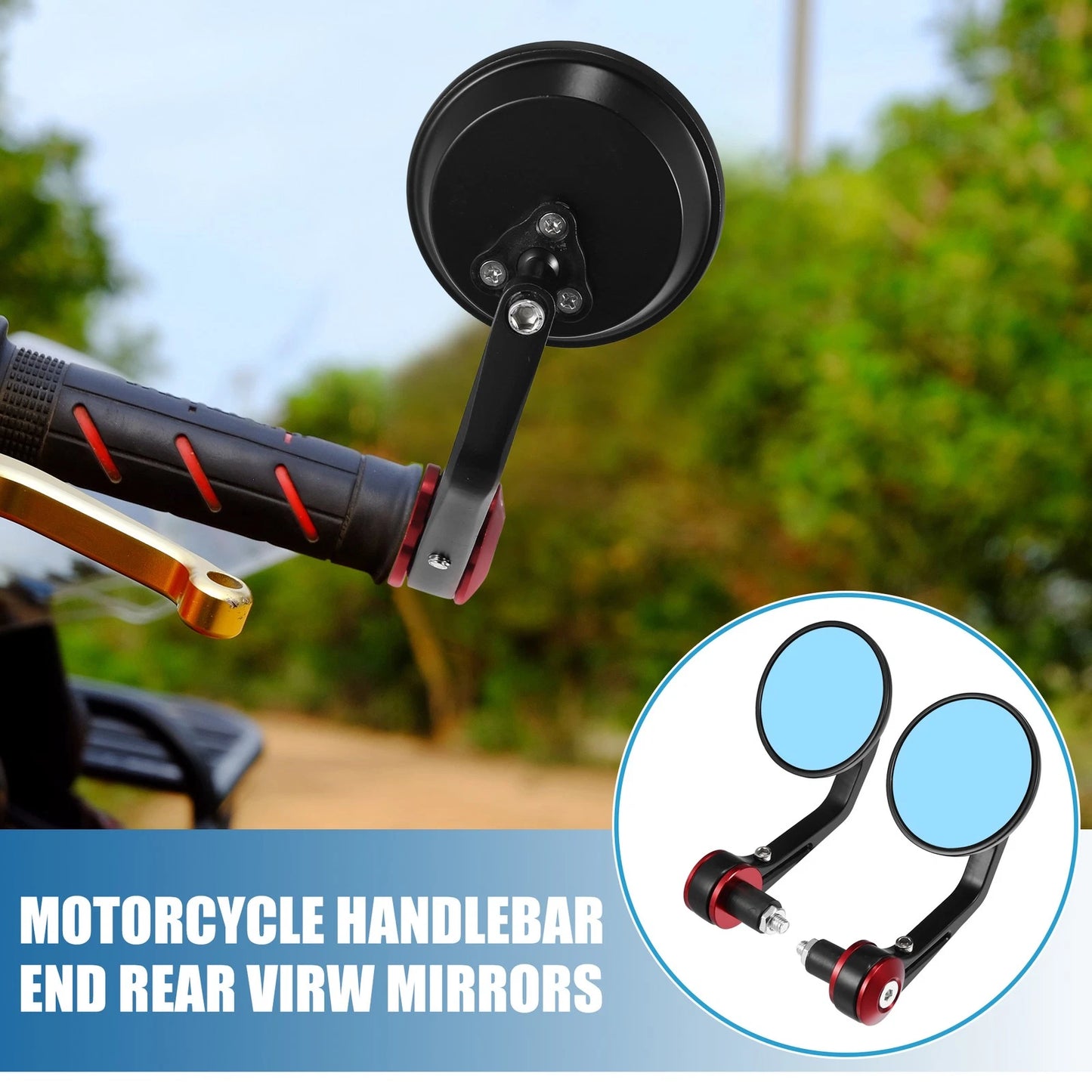 Handlebar End Rear View Mirrors 1 Pair Round Blue Lens Red for Motorcycle