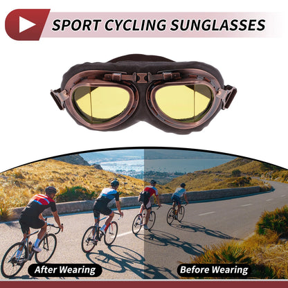 Set Motorcycle Riding Goggles Yellow Lens Brown Frame PC Cycling Sunglasses