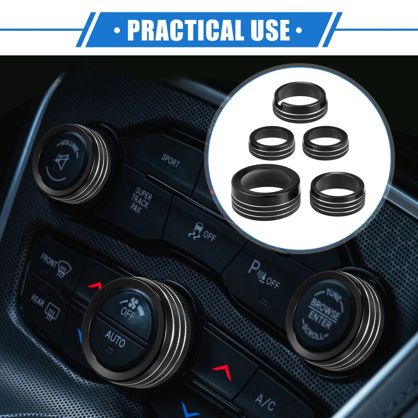 5pcs AC Climate Control Knob Ring for Chrysler 300, Dodge Challenger Black
